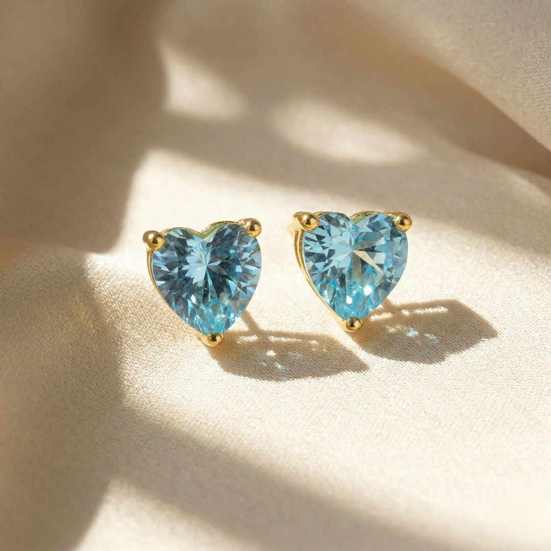 Aquamarine Heart March Birthstone Stud Earrings