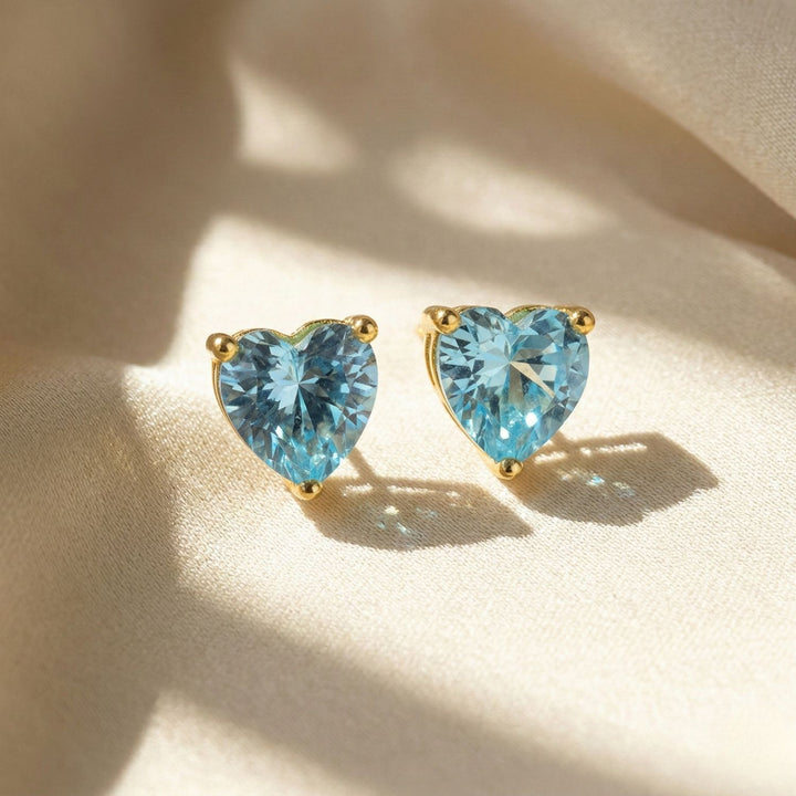 Aquamarine Heart March Birthstone Stud Earrings