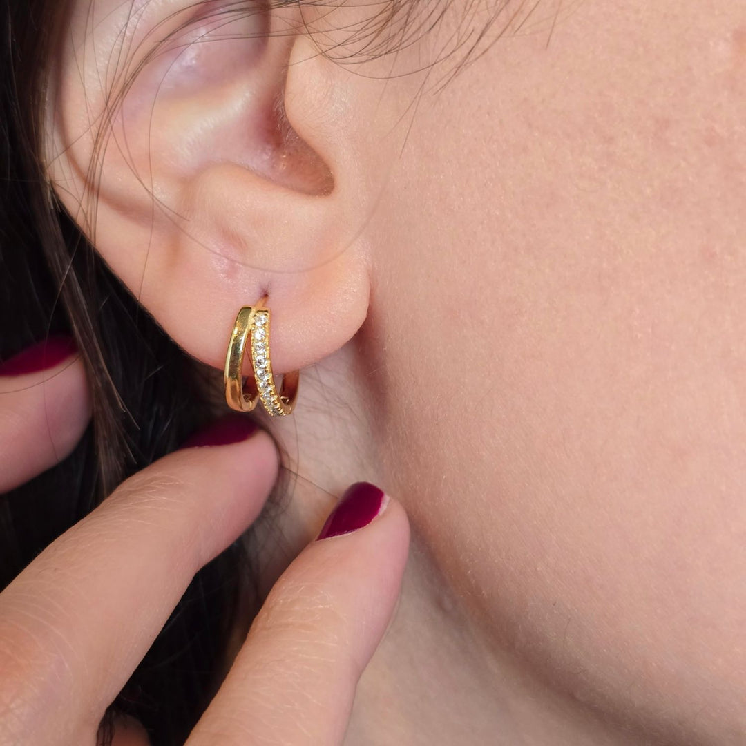 Diamond April Birthstone Double Hoop Small Huggie Gold Plated Earrings