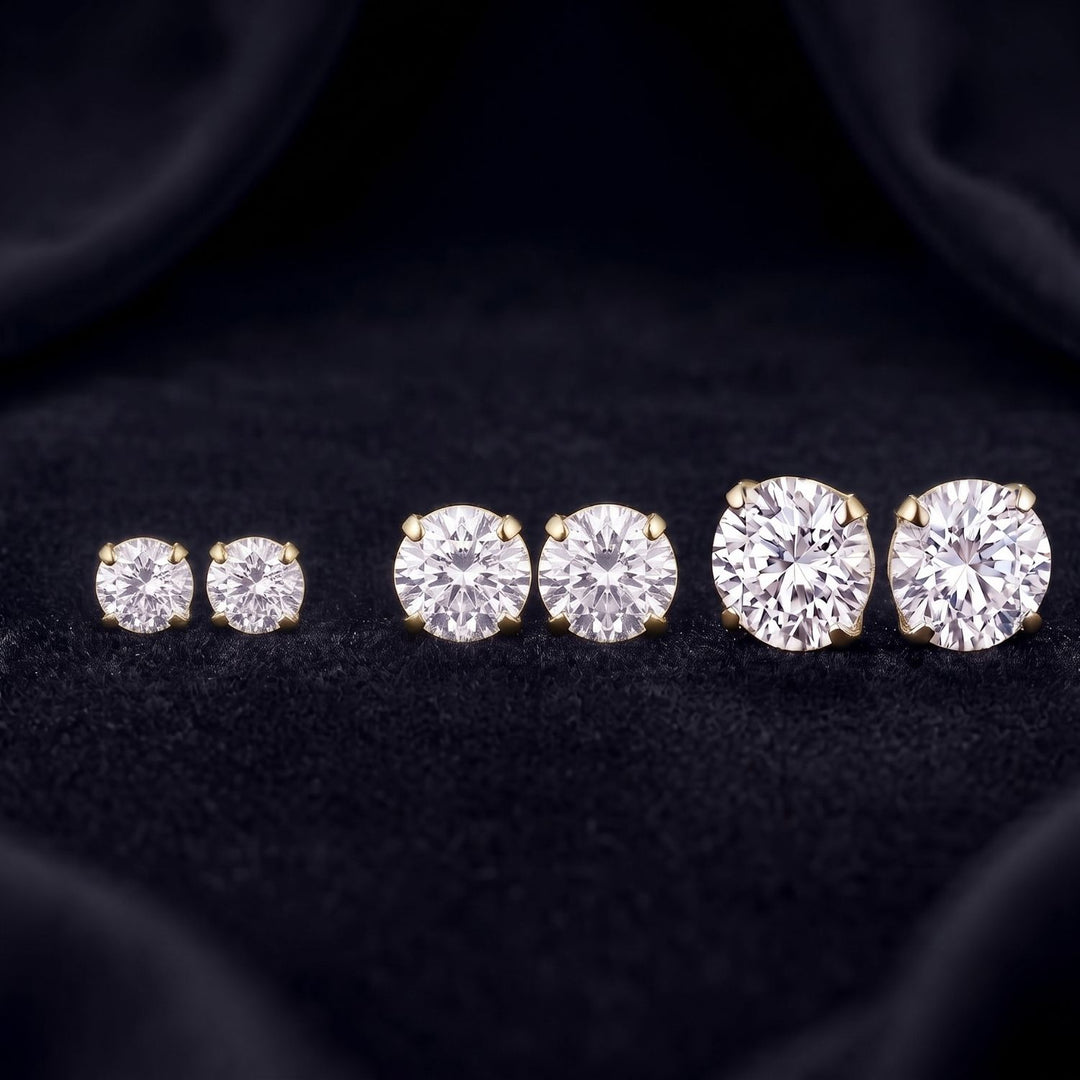 18ct Gold Plated Round Solitaire Stud Earrings For Men in 3 Sizes
