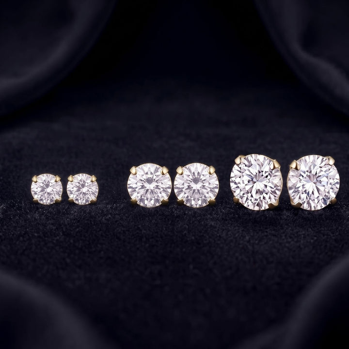 18ct Gold Plated Round Solitaire Stud Earrings For Men in 3 Sizes