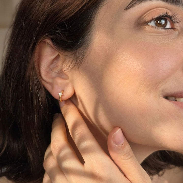 Small Diamond Huggie Minimalist Gold Plated Hoop Earrings
