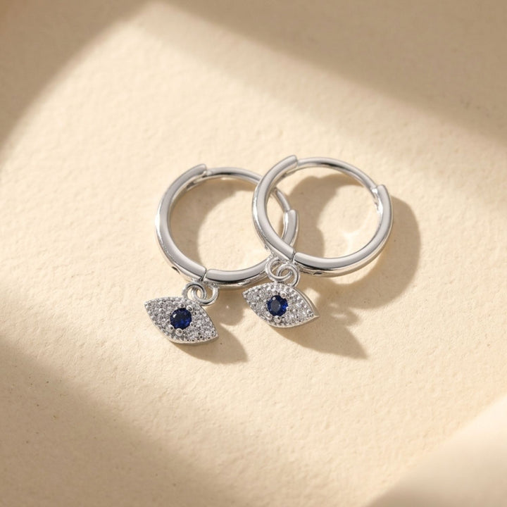 Minimalist Small Evil Eye Charm Dainty Hoop Sterling Silver Earrings