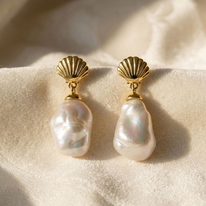 Gold Plated Shell Stud With Natural Keshi Pearl Drop Modern Earrings