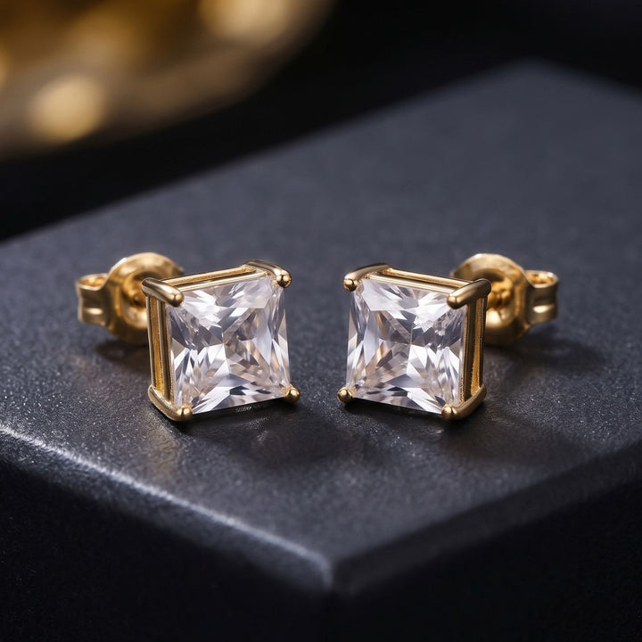 18ct Gold Plated Square Solitaire Stud Earrings For Men