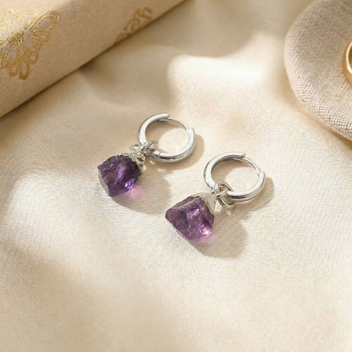 Raw Amethyst February Birthstone Sterling Silver Huggies