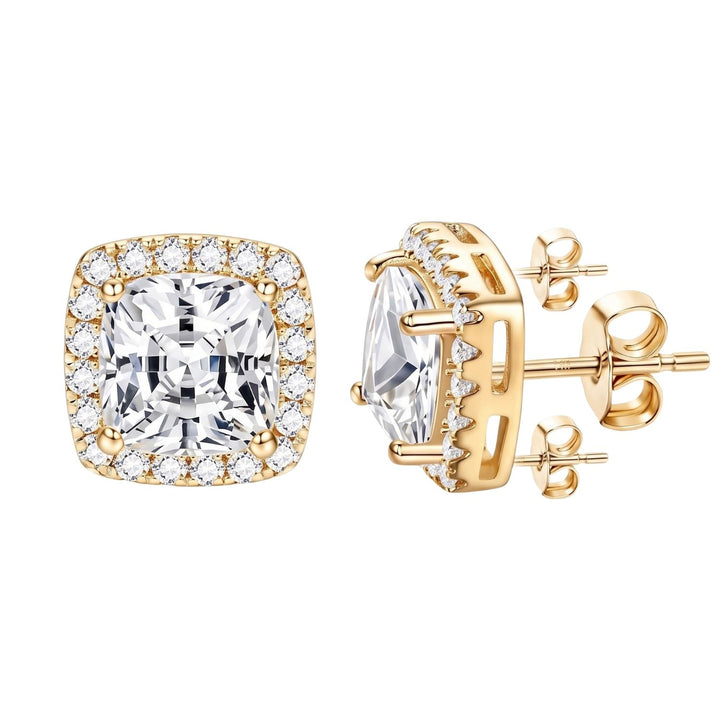 18ct Gold Plated Cushion Cut Pavé Halo Stud Earrings For Men