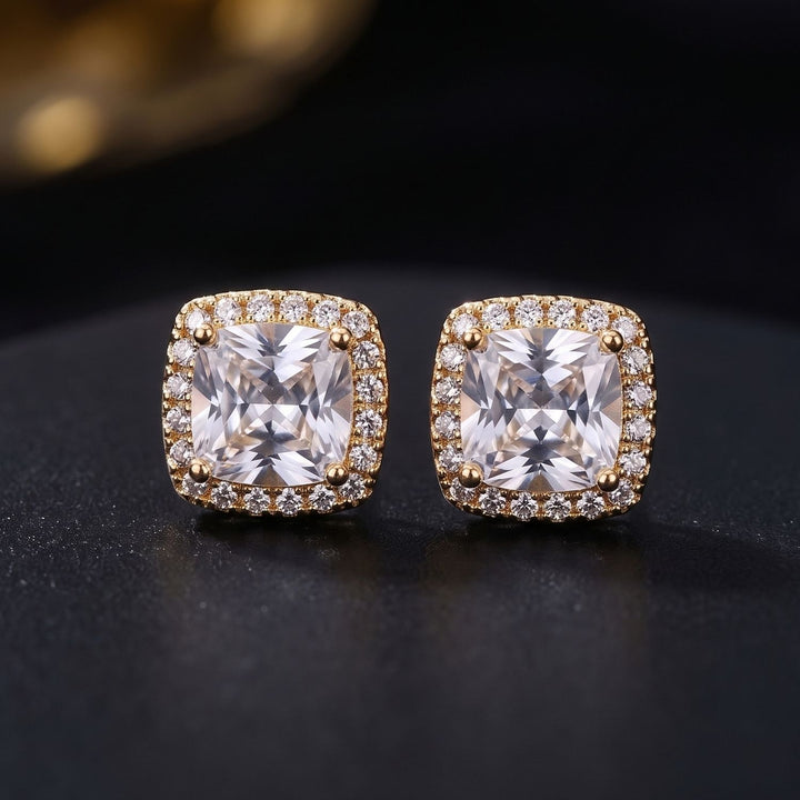 18ct Gold Plated Cushion Cut Pavé Halo Stud Earrings For Men