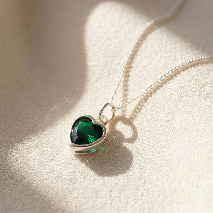 Mini Heart Silver Emerald May Birthstone Necklace