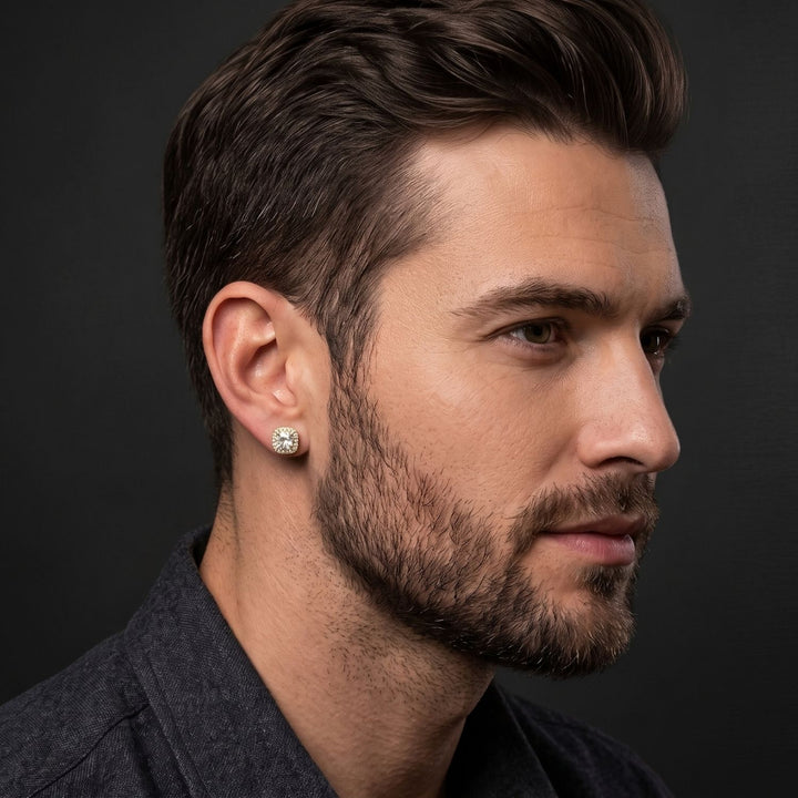18ct Gold Plated Cushion Cut Pavé Halo Stud Earrings For Men
