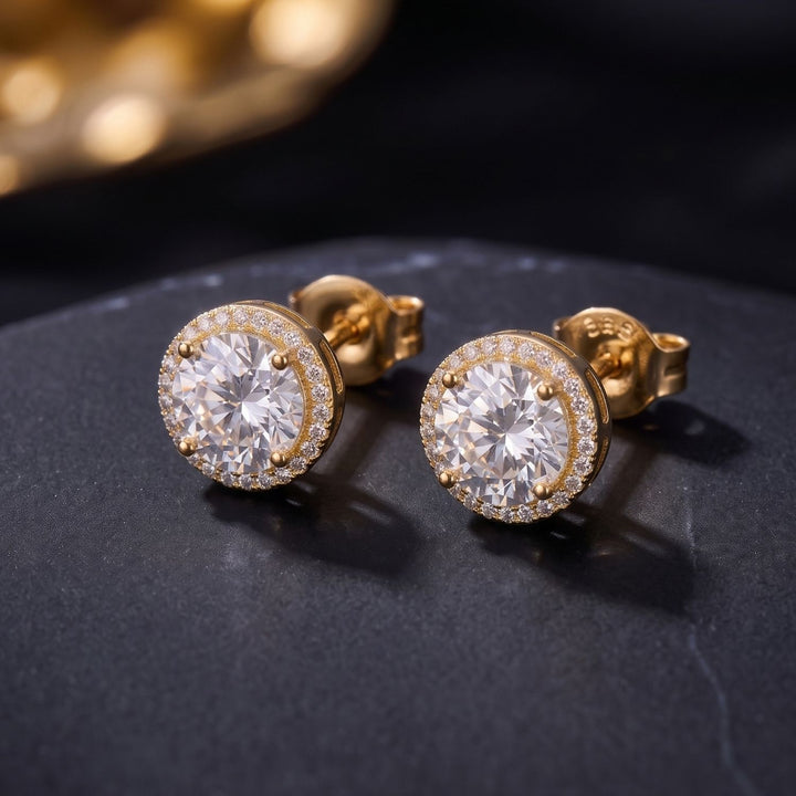 18ct Gold Plated Round Pavé Halo Stud Earrings For Men