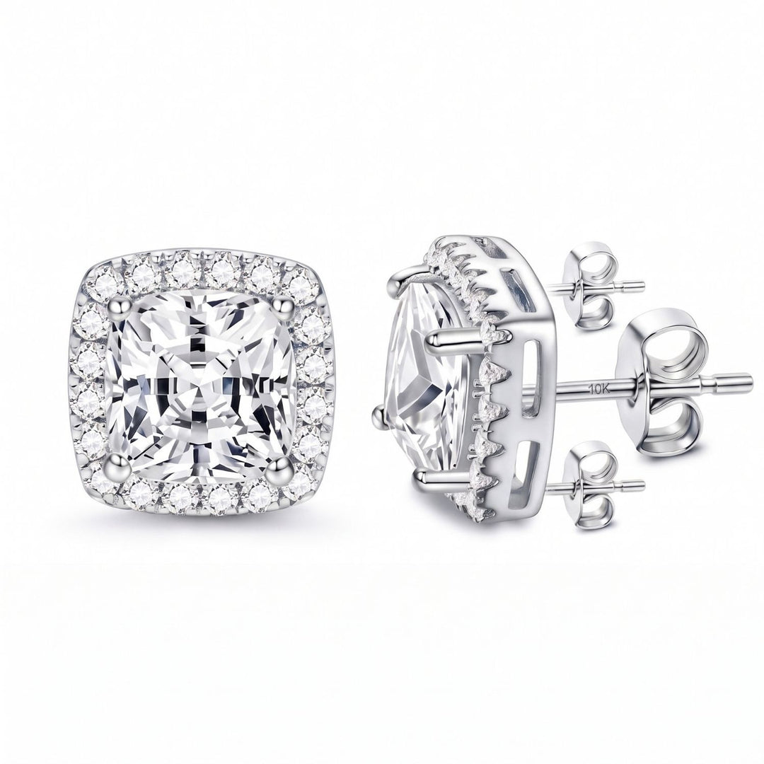 Silver Cushion Cut Pavé Halo Stud Earrings For Men