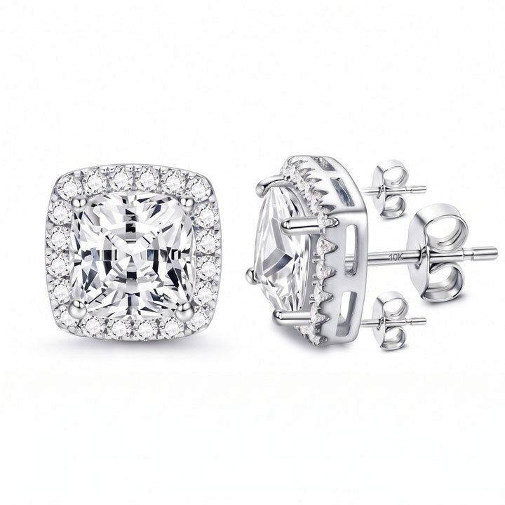 Silver Cushion Cut Pavé Halo Stud Earrings For Men