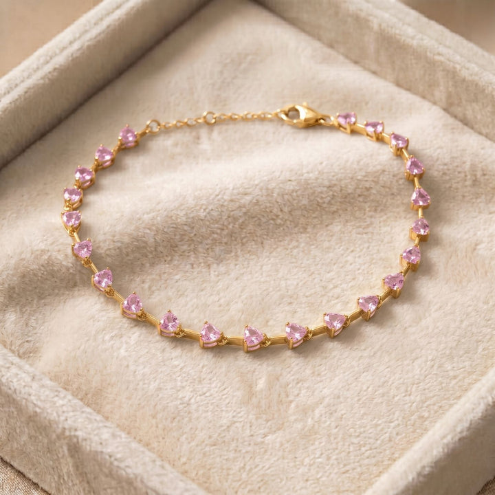 Sterling Silver Pink Tourmaline Birthstone Heart Tennis Bracelet
