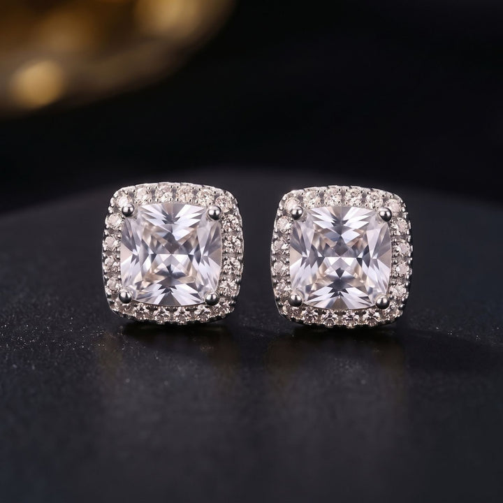 Silver Cushion Cut Pavé Halo Stud Earrings For Men
