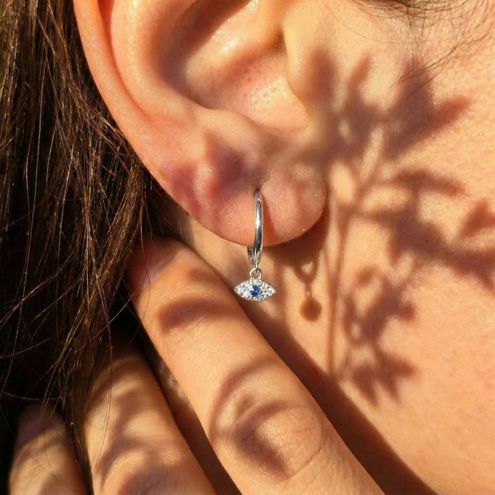 Minimalist Small Evil Eye Charm Dainty Hoop Sterling Silver Earrings