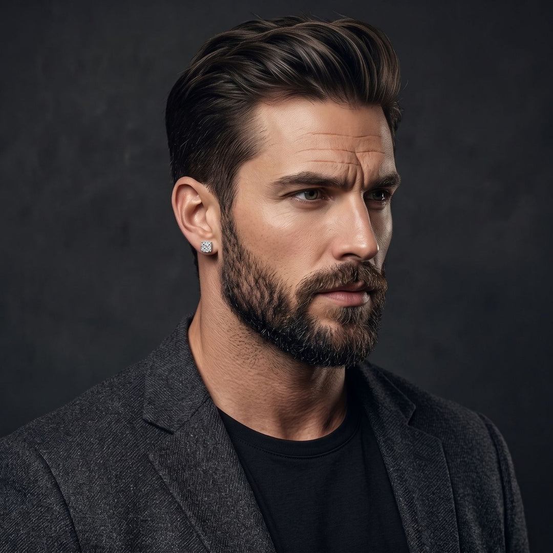 Silver Cushion Cut Pavé Halo Stud Earrings For Men