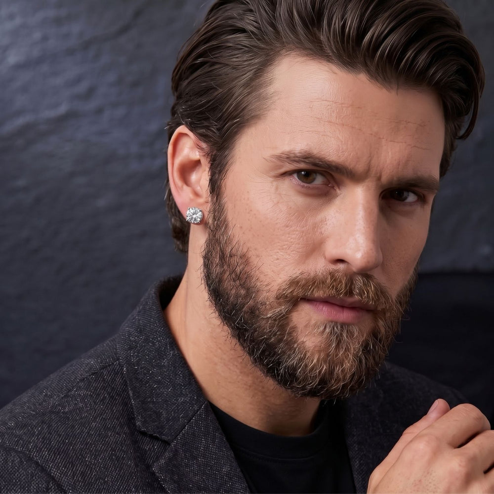 Silver Round Solitaire Stud Earrings For Men in 3 Sizes