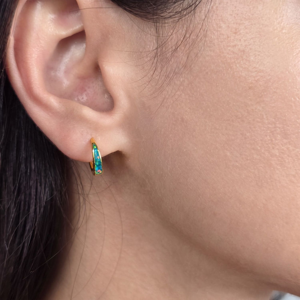Forest Green Opal Tapered Gold Plated Huggie Hoop Earrings