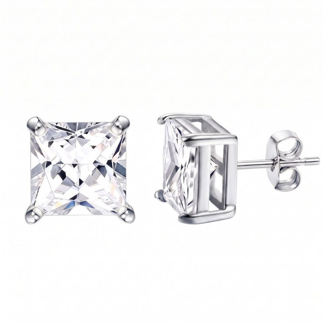 Silver Square Solitaire Stud Earrings For Men