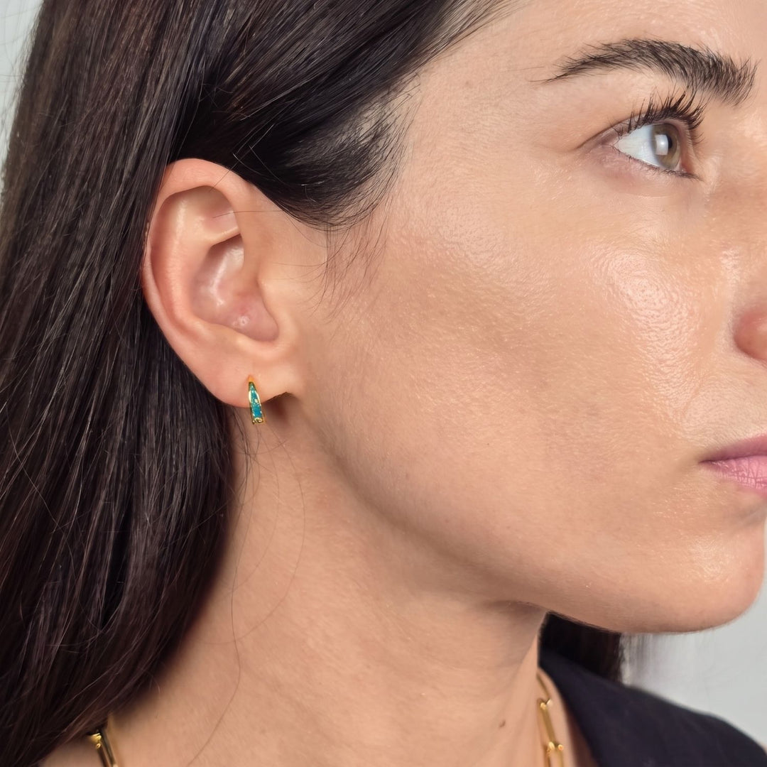 Forest Green Opal Tapered Gold Plated Huggie Hoop Earrings