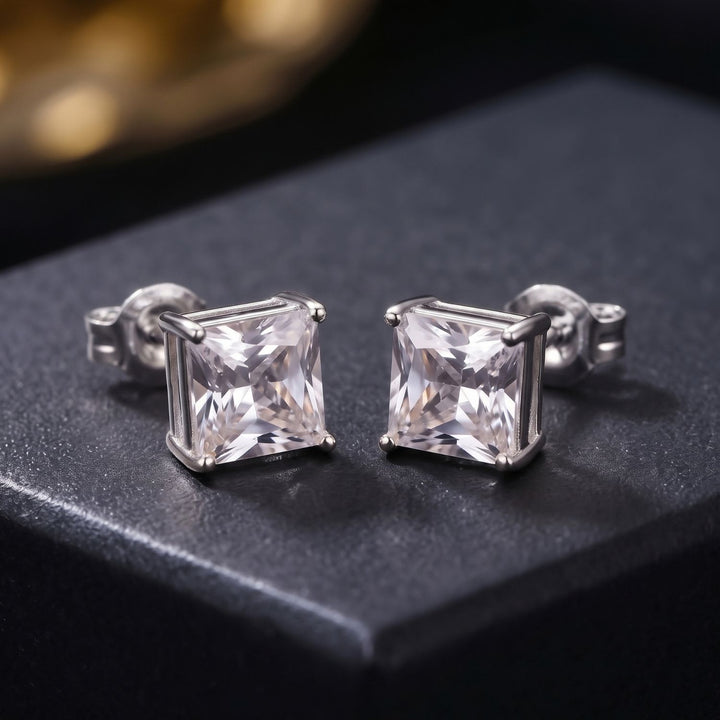 Silver Square Solitaire Stud Earrings For Men