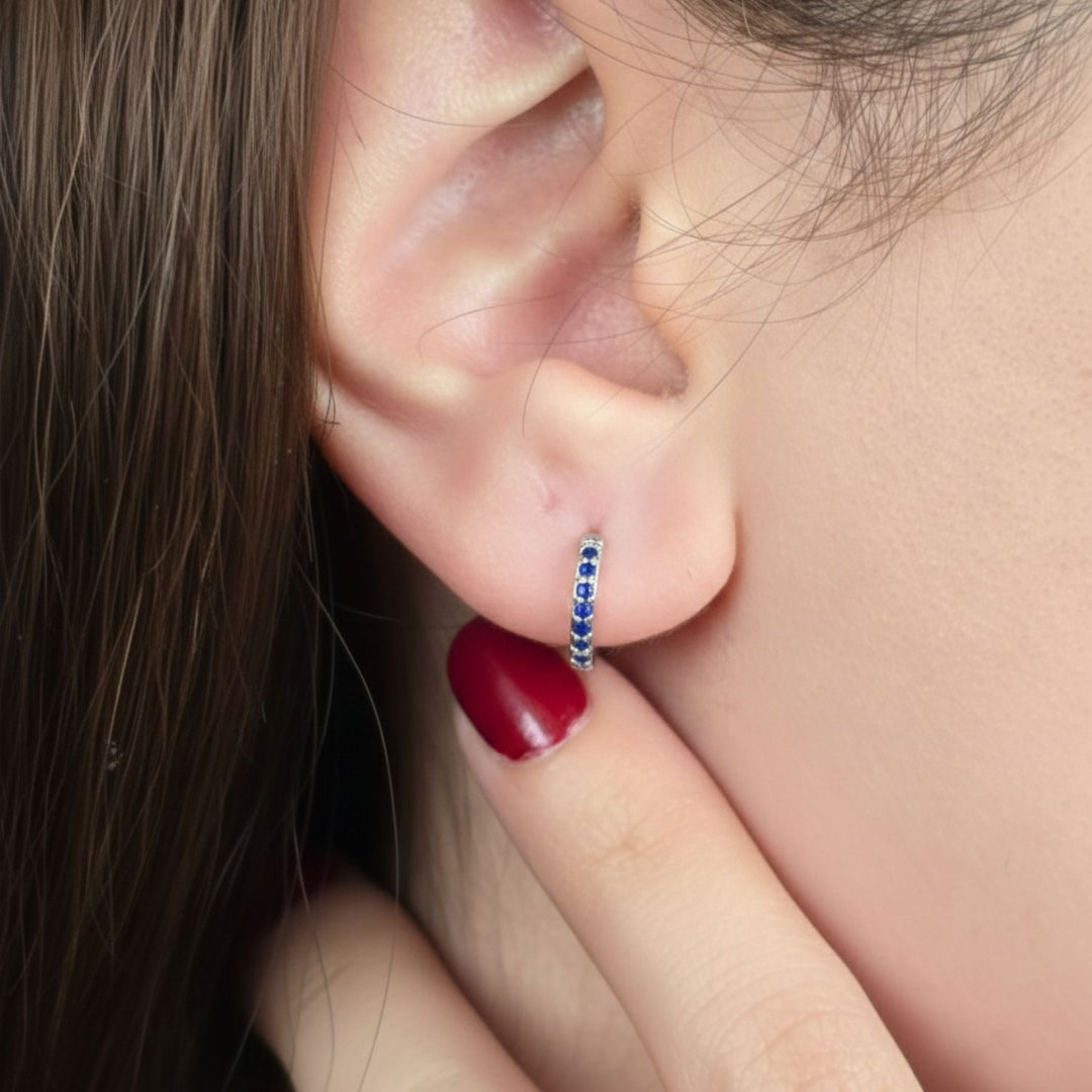 Sapphire September Birthstone Huggie Hoop Sterling Silver Earrings