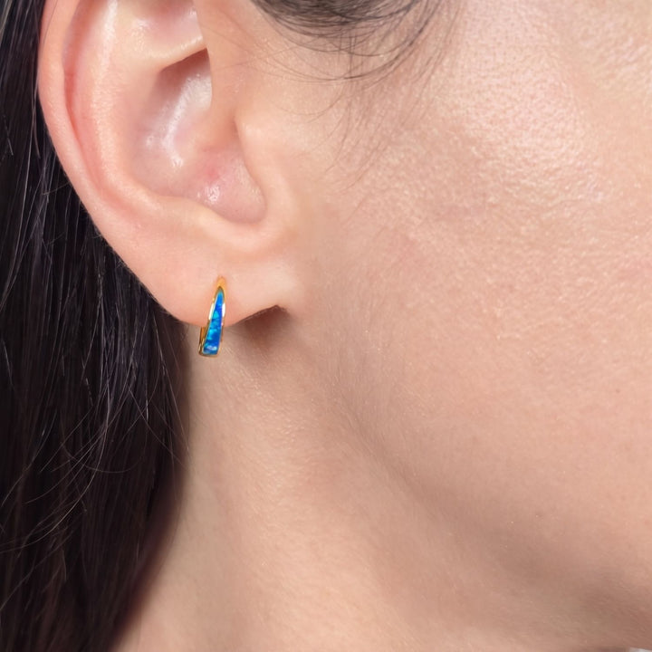 Deep Blue Opal Tapered Gold Plated Huggie Hoop Earrings
