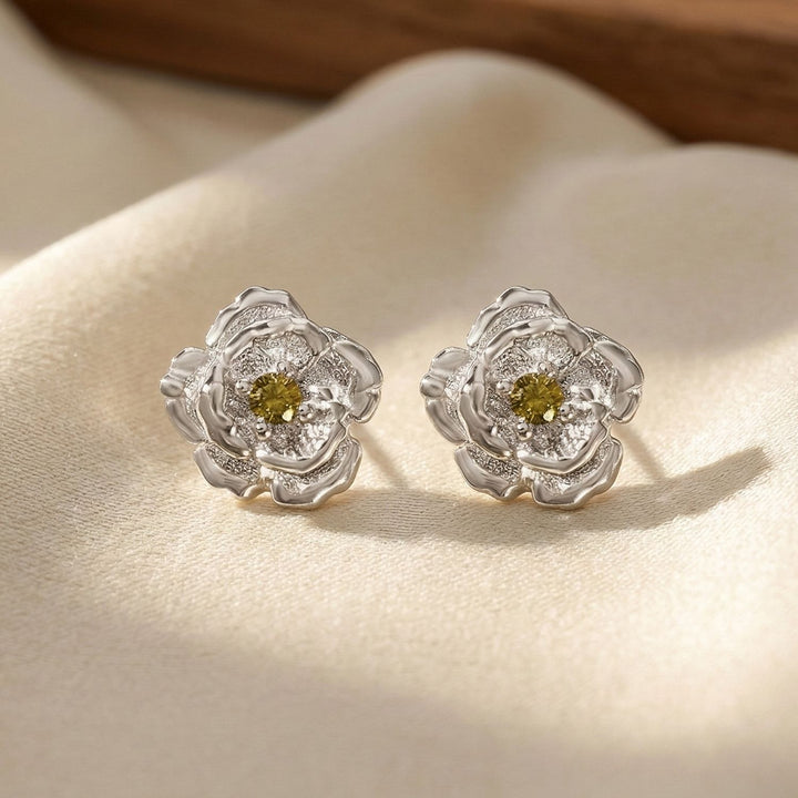 Sterling Silver Peridot August Birthstone Poppy Birthflower Stud Earrings