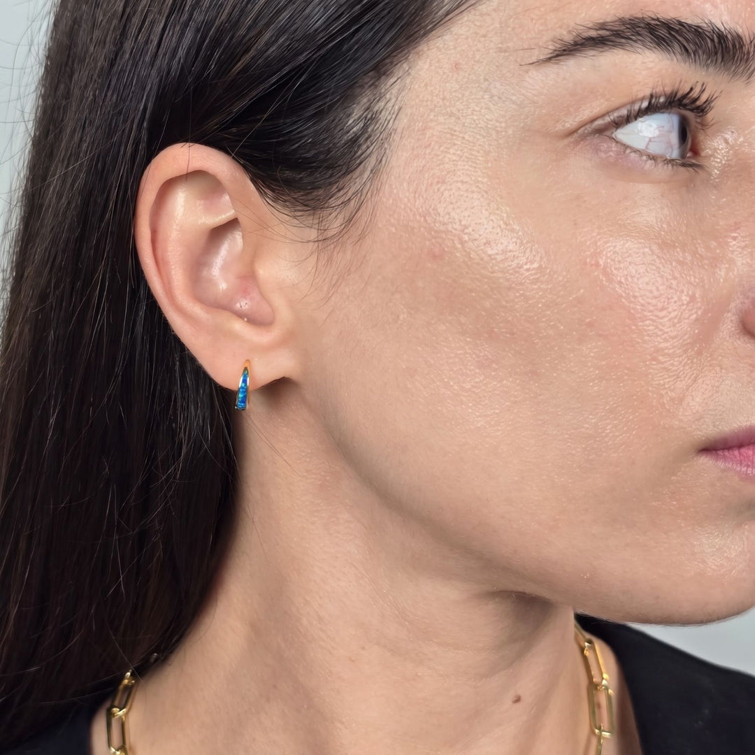 Deep Blue Opal Tapered Gold Plated Huggie Hoop Earrings