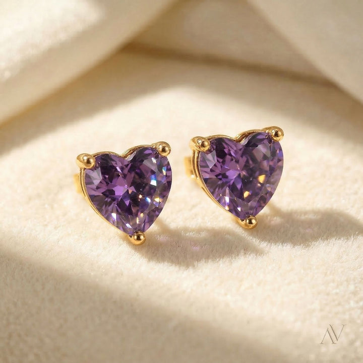 Amethyst Heart February Birthstone Stud Earrings