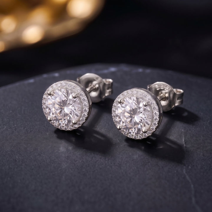 Silver Round Pavé Halo Stud Earrings For Men