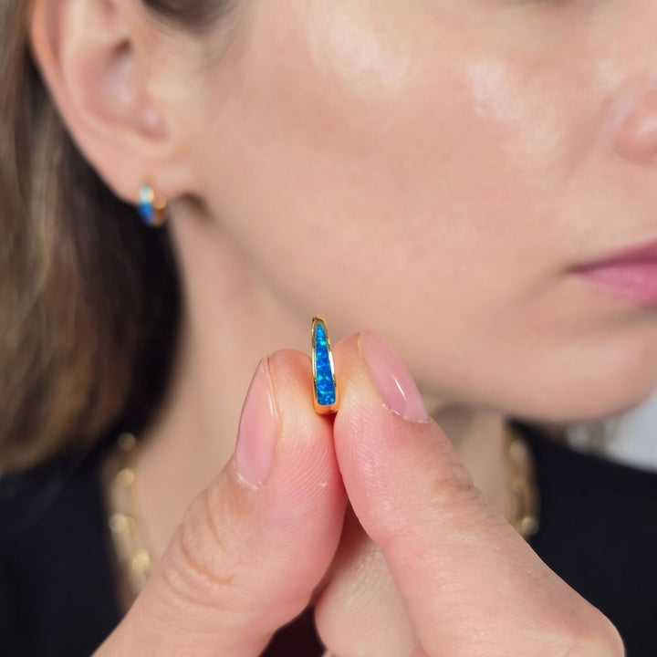 Deep Blue Opal Tapered Gold Plated Huggie Hoop Earrings