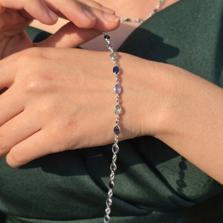 Detail of the blue crystals on the Sophelia sterling silver multi gemstone bracelet