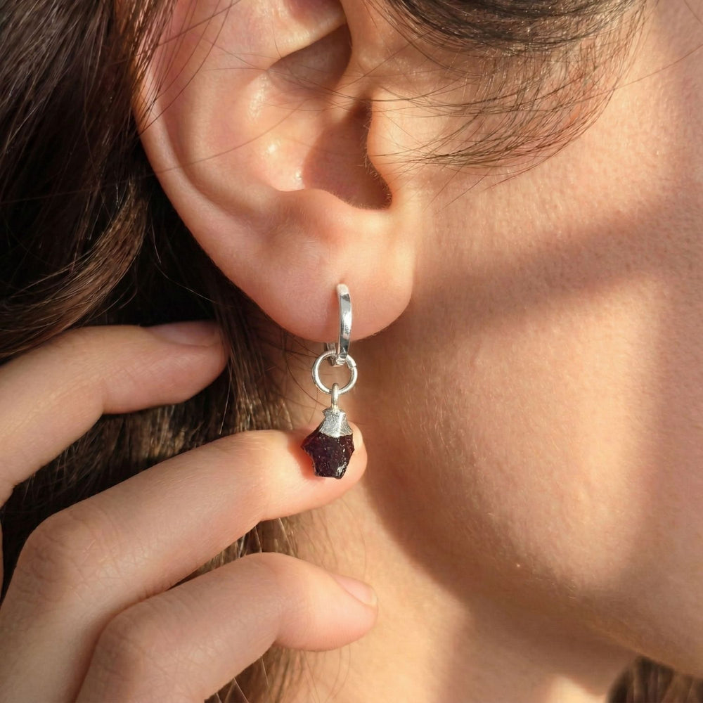 Raw Garnet January Birthstone Sterling Silver Huggies