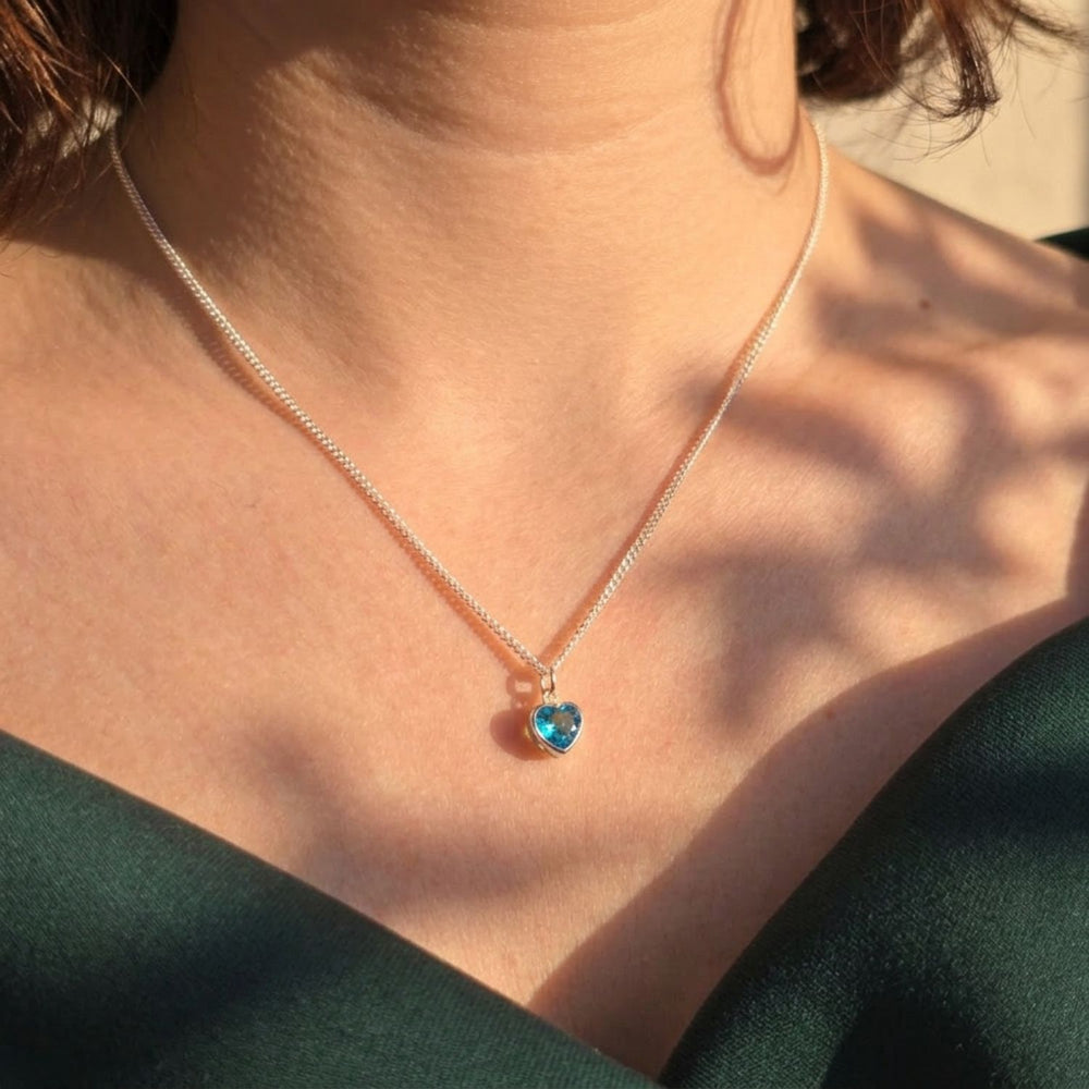 Mini Heart Silver Aquamarine March Birthstone Necklace
