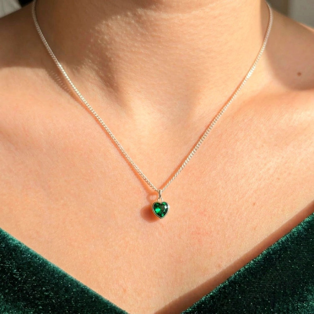 Mini Heart Silver Emerald May Birthstone Necklace