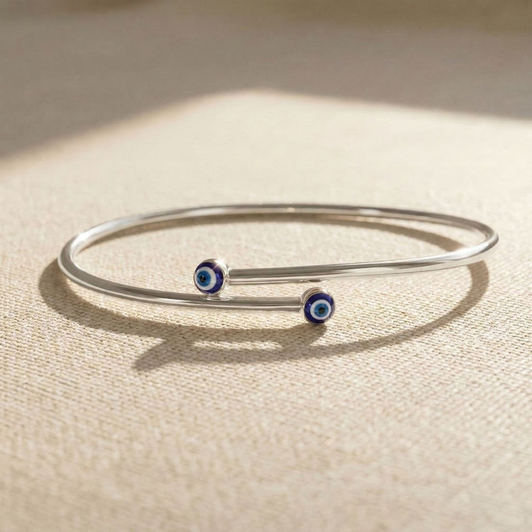 Turkish Blue Evil Eye Minimalist Sterling Silver Bangle