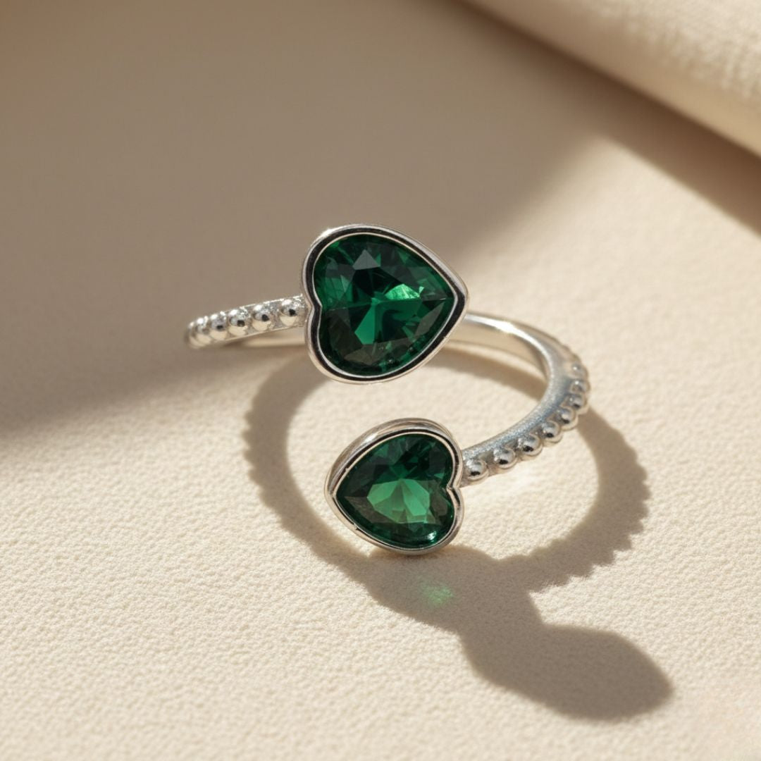 Double Heart Emerald Heart May Birthstone Adjustable Silver Ring