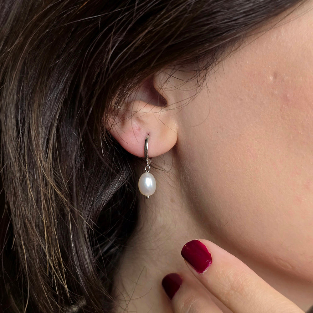 Minimalist Freshwater Pearl Silver Huggie Hoop Earrings