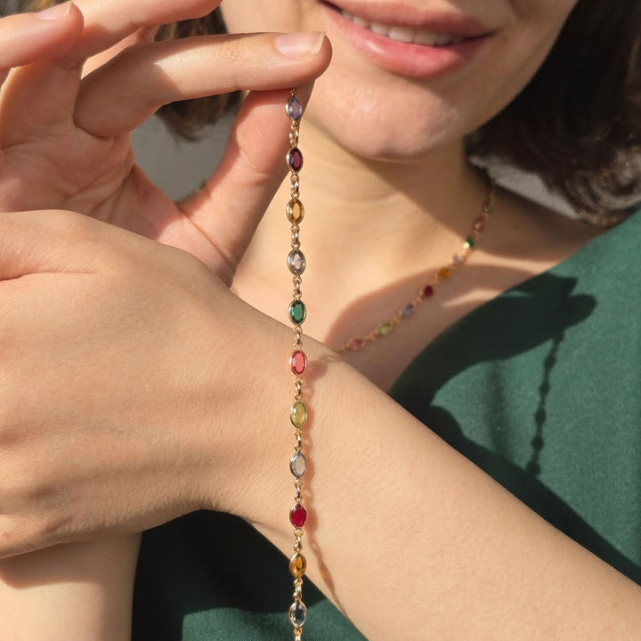 Multicolour gemstone gold plated bracelet, Multicolour crystal bracelet, Gold plated gemstone bracelet, Colourful gemstone bracelet for women, Multi gemstone crystal bracelet, Elegant gold plated bracelet, Rainbow gemstone bracelet, Gemstone bracelet gift for her, Luxury colourful crystal bracelet, Meaningful jewellery gift for women,