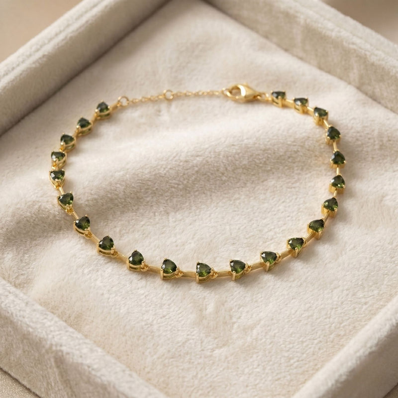 Peridot August Birthstone Heart Tennis Gold Plated Bracelet