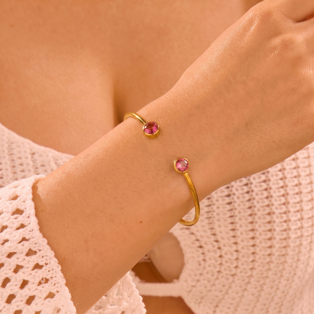 Dainty Pink Tourmaline October Birthstone Gold Plated Bangle