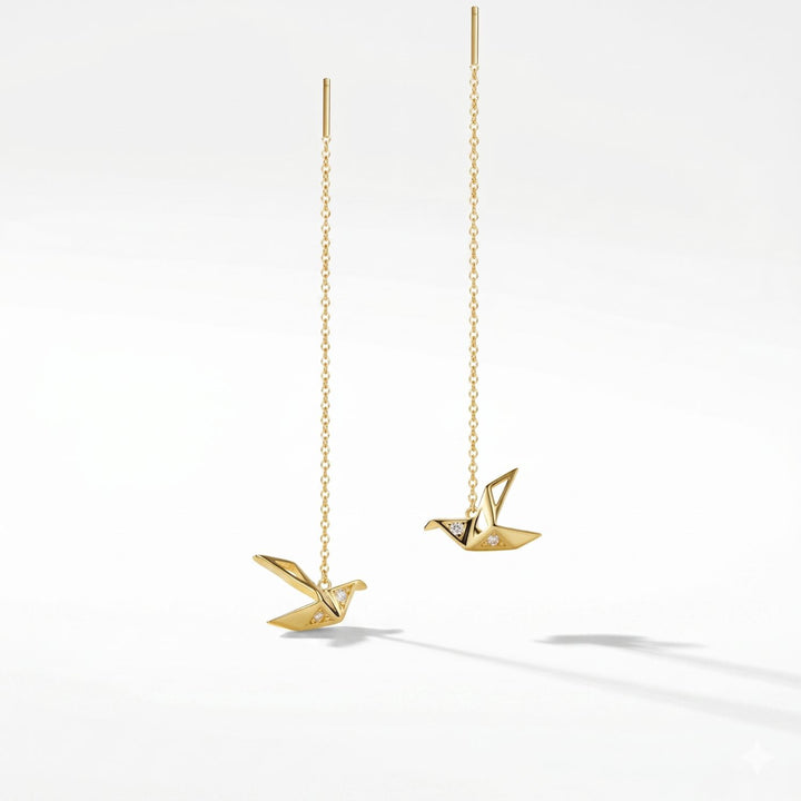 18ct Gold Plated Origami Crane Japanese Threader Earrings