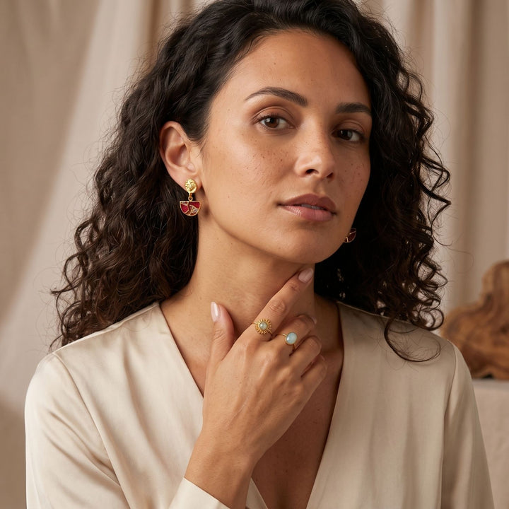 Hammered Ruby July Birthstone Gold Plated Earrings
