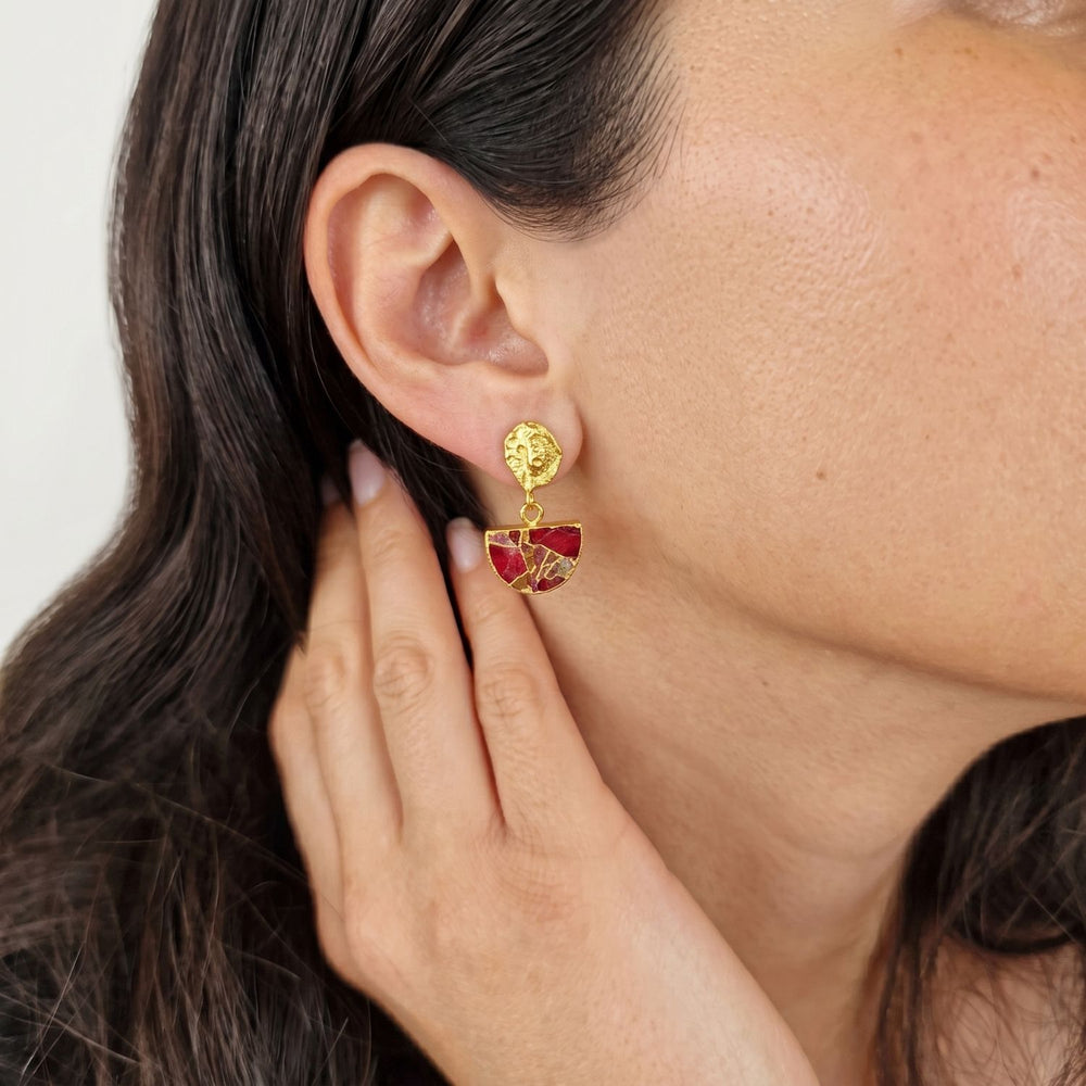 Hammered Ruby July Birthstone Gold Plated Earrings