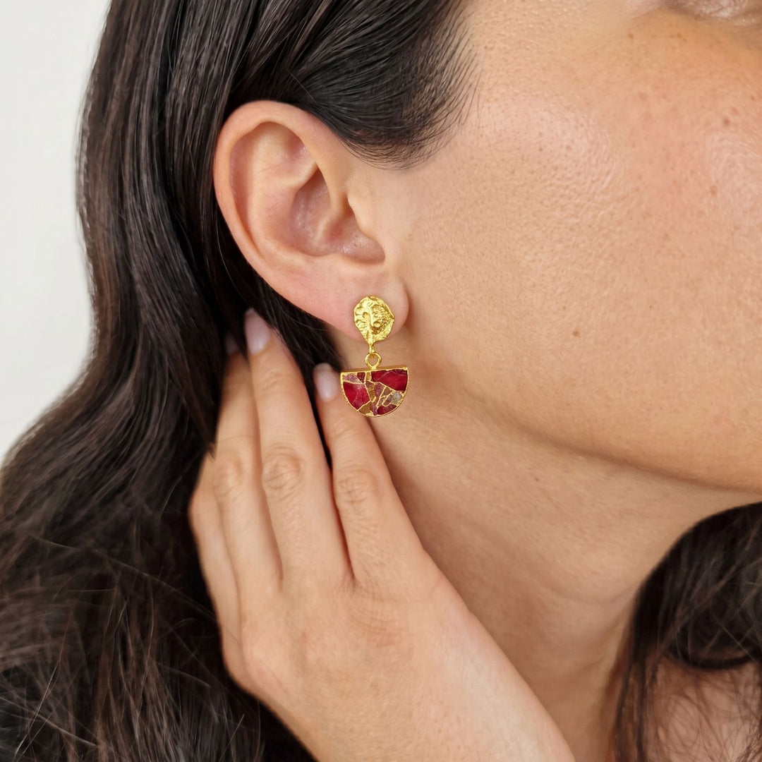 Hammered Ruby July Birthstone Gold Plated Earrings