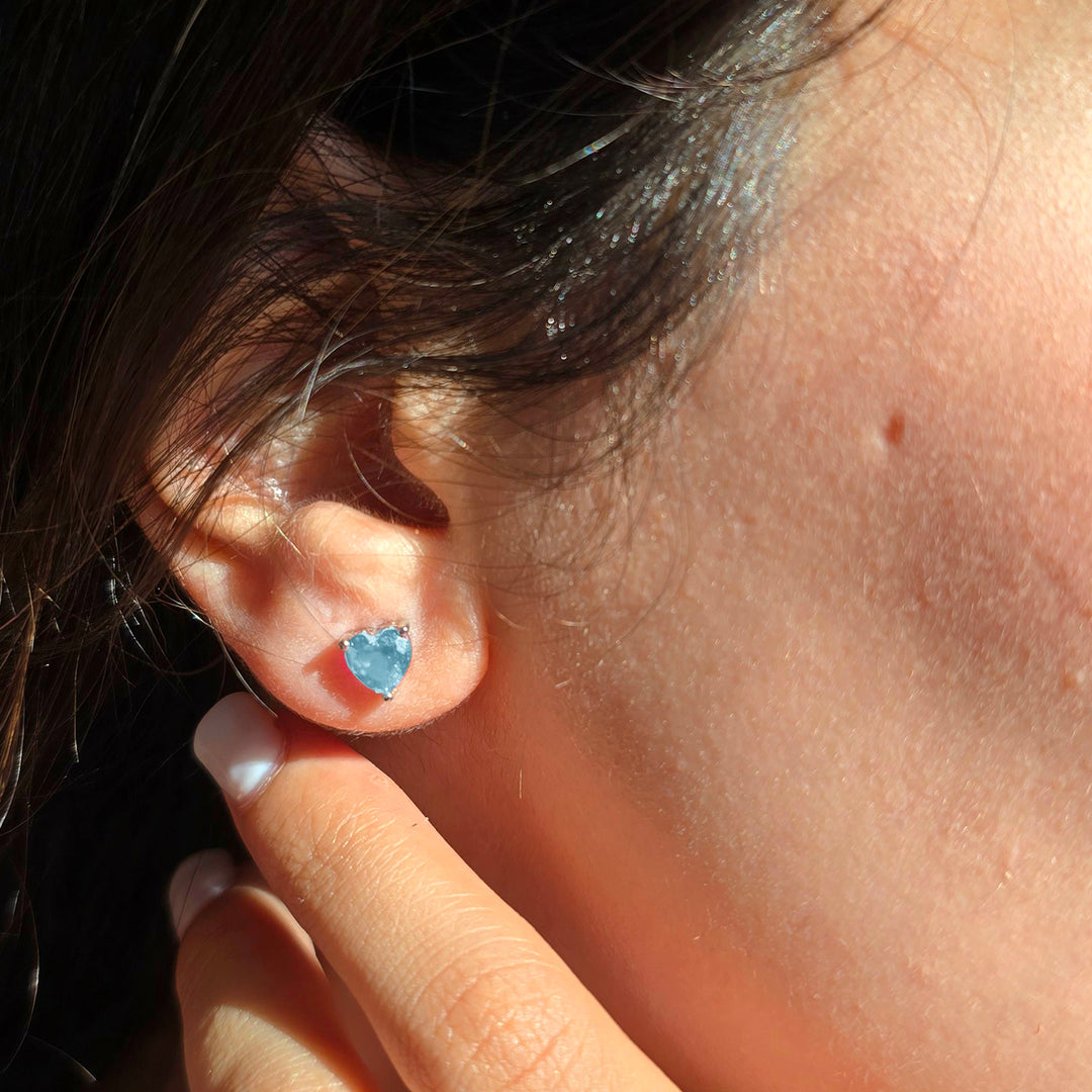 Blue Topaz Heart Sterling Silver Stud Gemstone Earrings