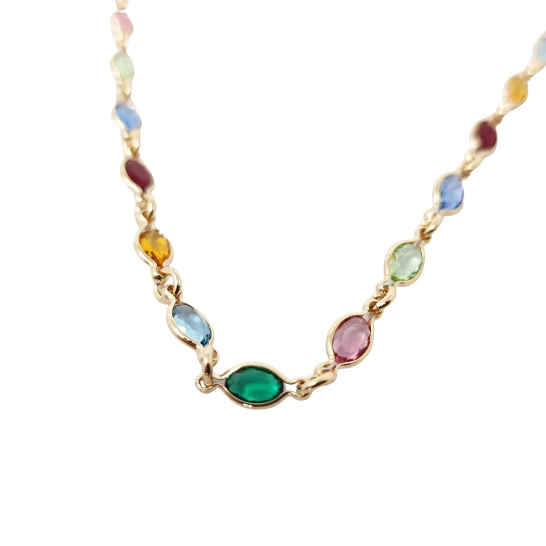 colourful multi gemstone necklace, rainbow gemstone necklace, 18ct gold plated gemstone necklace, multi gemstone gold necklace, colourful gold plated necklace, rainbow birthstone necklace, luxury gemstone necklace, multicoloured crystal necklace, gemstone necklace gift for women, colourful necklace for layering,