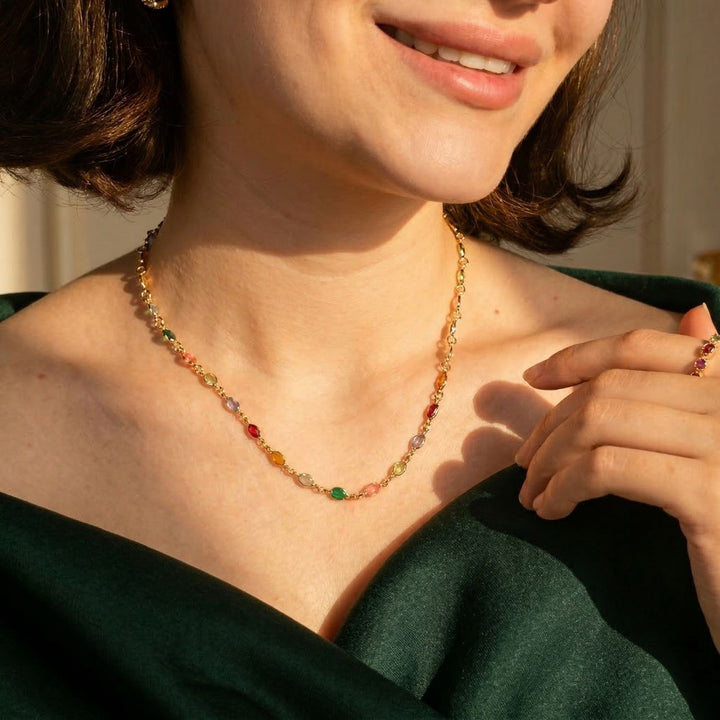 colourful multi gemstone necklace, rainbow gemstone necklace, 18ct gold plated gemstone necklace, multi gemstone gold necklace, colourful gold plated necklace, rainbow birthstone necklace, luxury gemstone necklace, multicoloured crystal necklace, gemstone necklace gift for women, colourful necklace for layering,